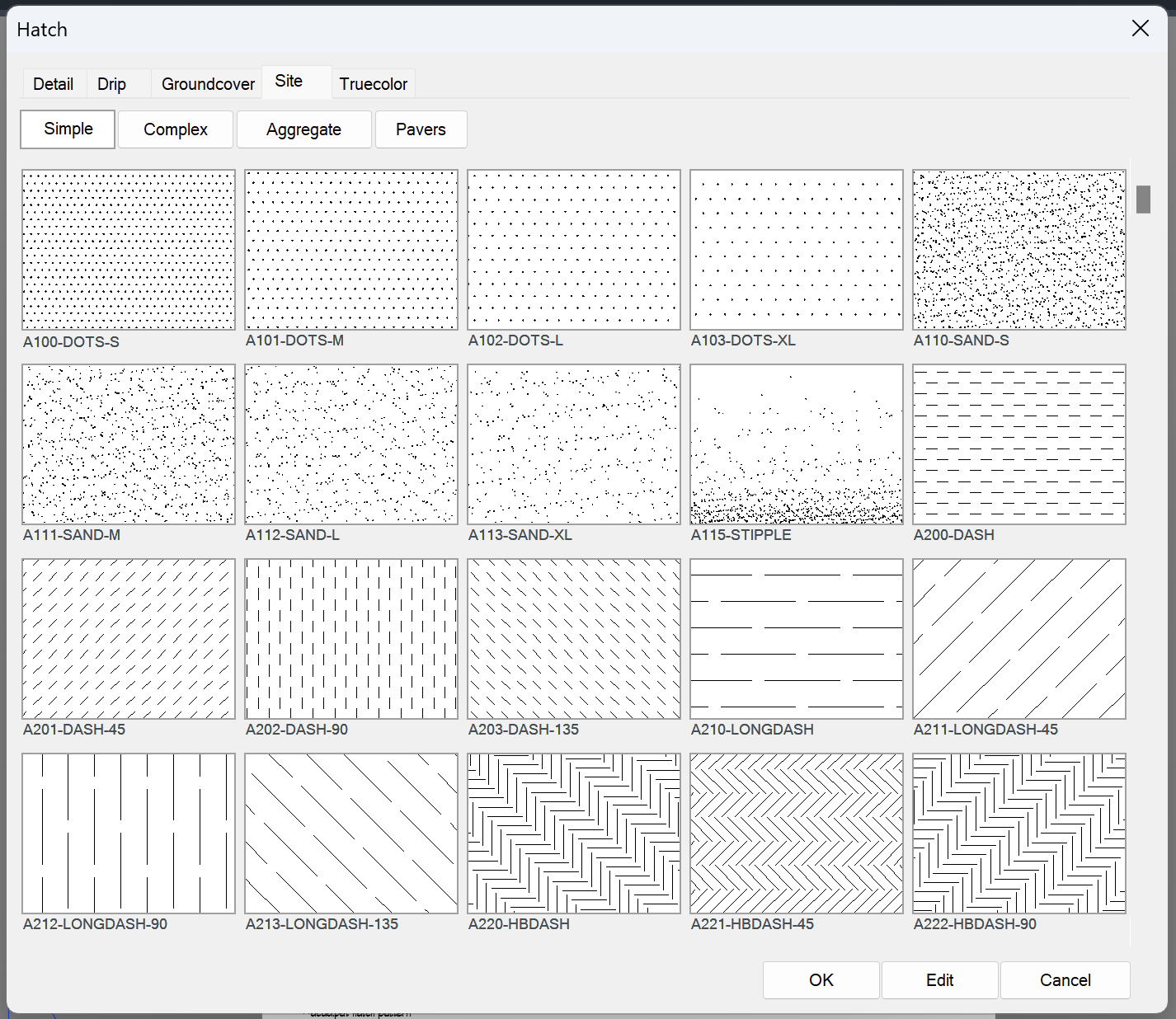 Updated Hatch dialog box showing Site hatch patterns